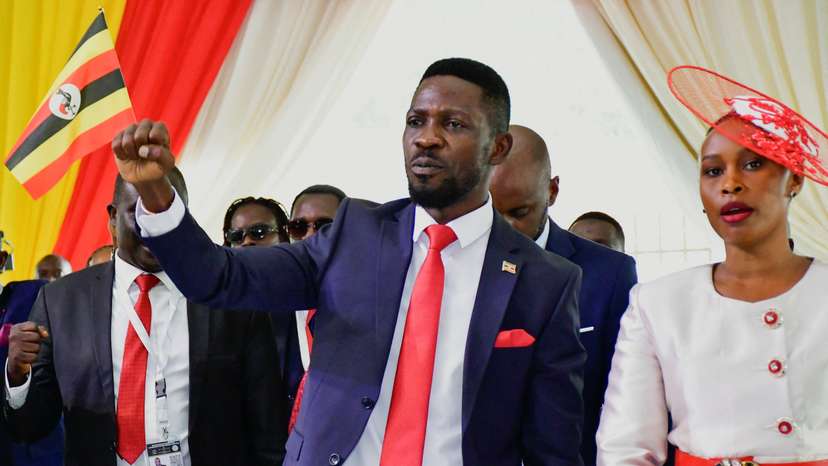 Robert Kyagulanyi of the National Unity Platform (NUP) party attends a ceremony for his nomination as a presidential candidate at the Electoral Commission offices in Kampala