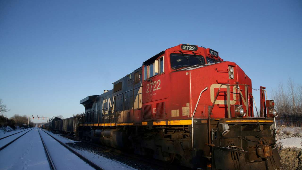 FILE PHOTO: A Canadian National Railway freight train remains halted in Tyendinaga