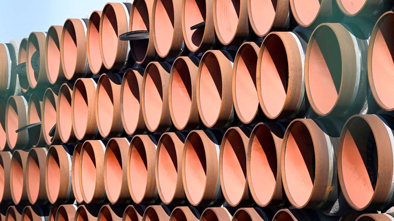 FILE PHOTO: Pipes for the Nord Stream 2 gas pipeline in the Baltic Sea, which are not used, are seen in the harbour of Mukran
