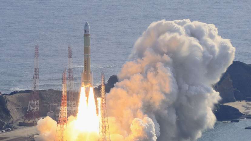 An aerial view shows a second test model of H3 rocket lift off from the launching pad at Tanegashima Space Center on the southwestern island of Tanegashima