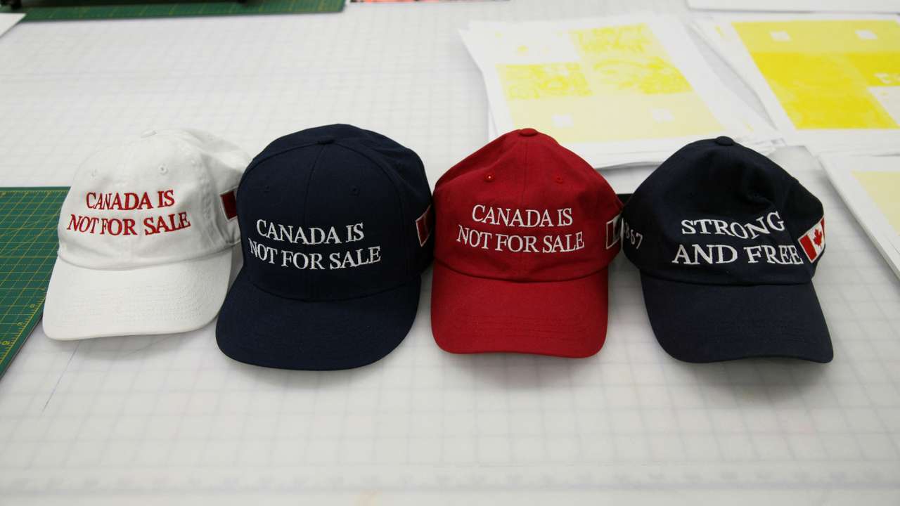 "Canada is not for sale" hats created by Jackpine are displayed at Ontario College of Art & Design University