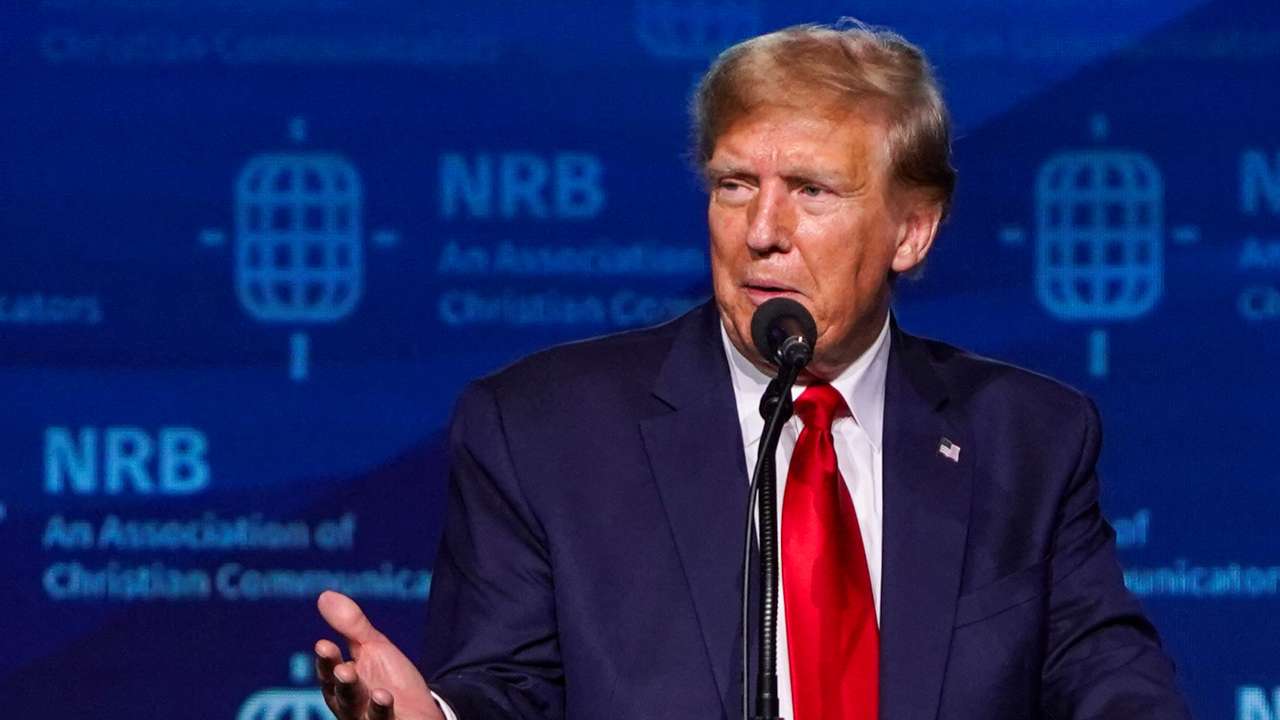 Former U.S. President and Republican presidential candidate Trump attends the 2024 National Religious Broadcasters convention, in Nashville