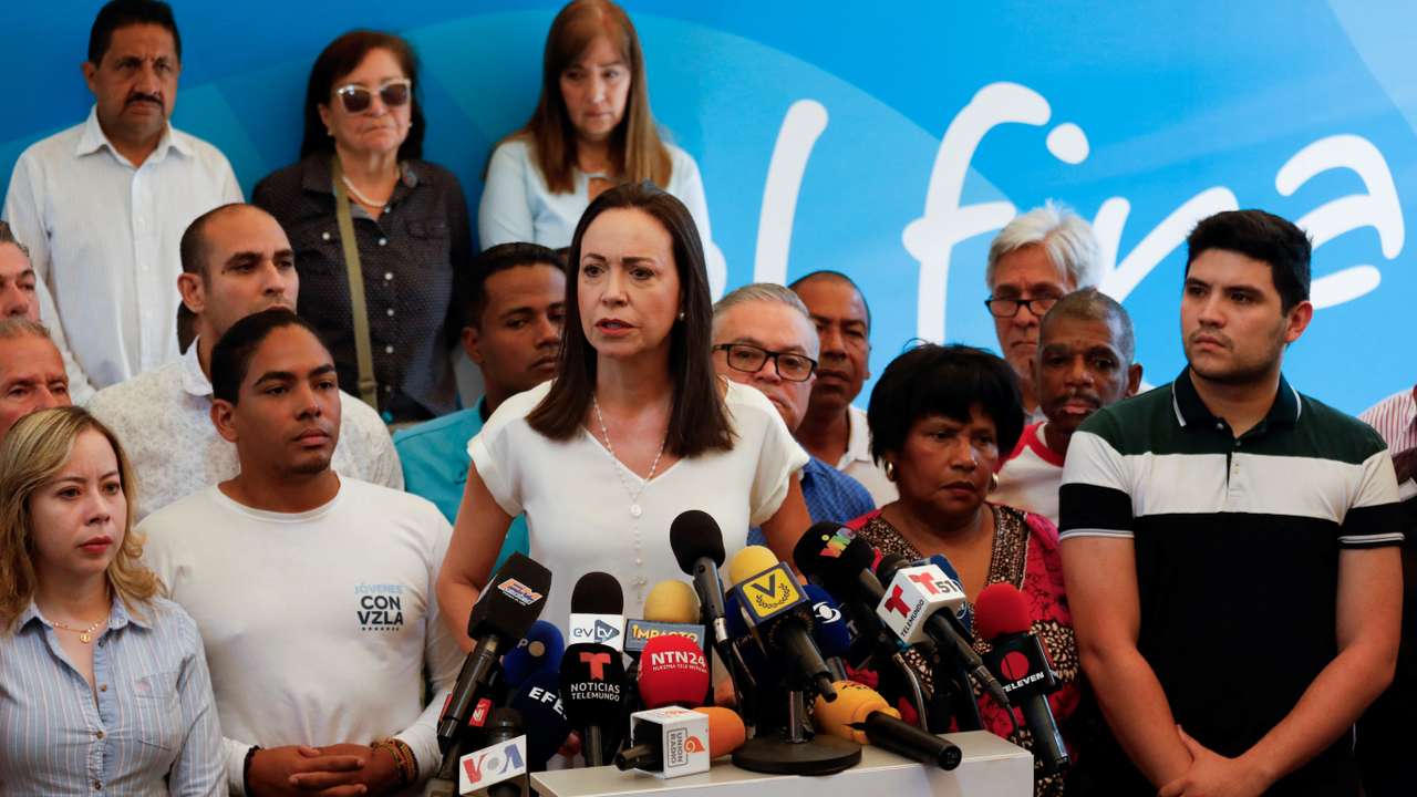 Venezuelan opposition leader Maria Corina Machado addresses the media, in Caracas