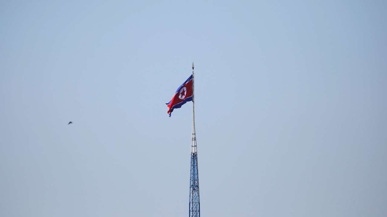 A North Korean flag flutters on top of a tower at the propaganda village of Gijungdong in North Korea, in this picture taken near the truce village of Panmunjom