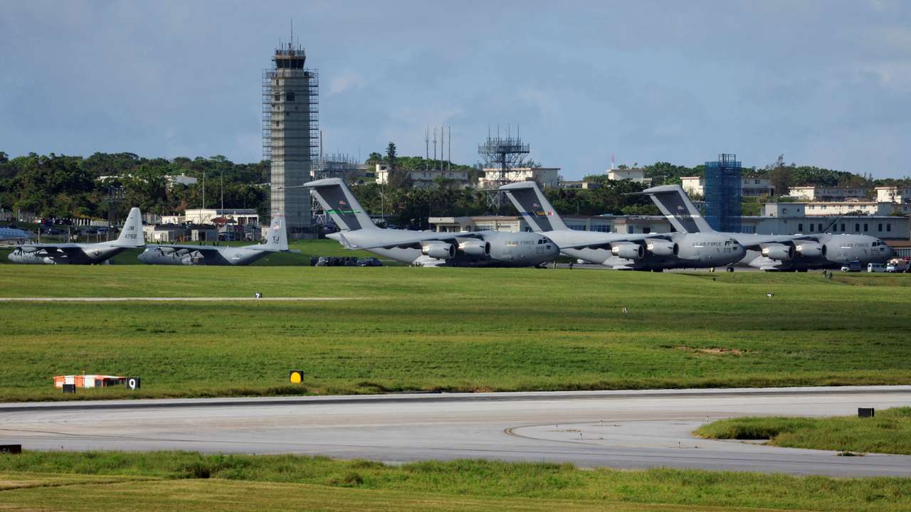 General view shows the Kadena U.S. Air Force Base in Kadena Town on the southern island of Okinawa, Japan