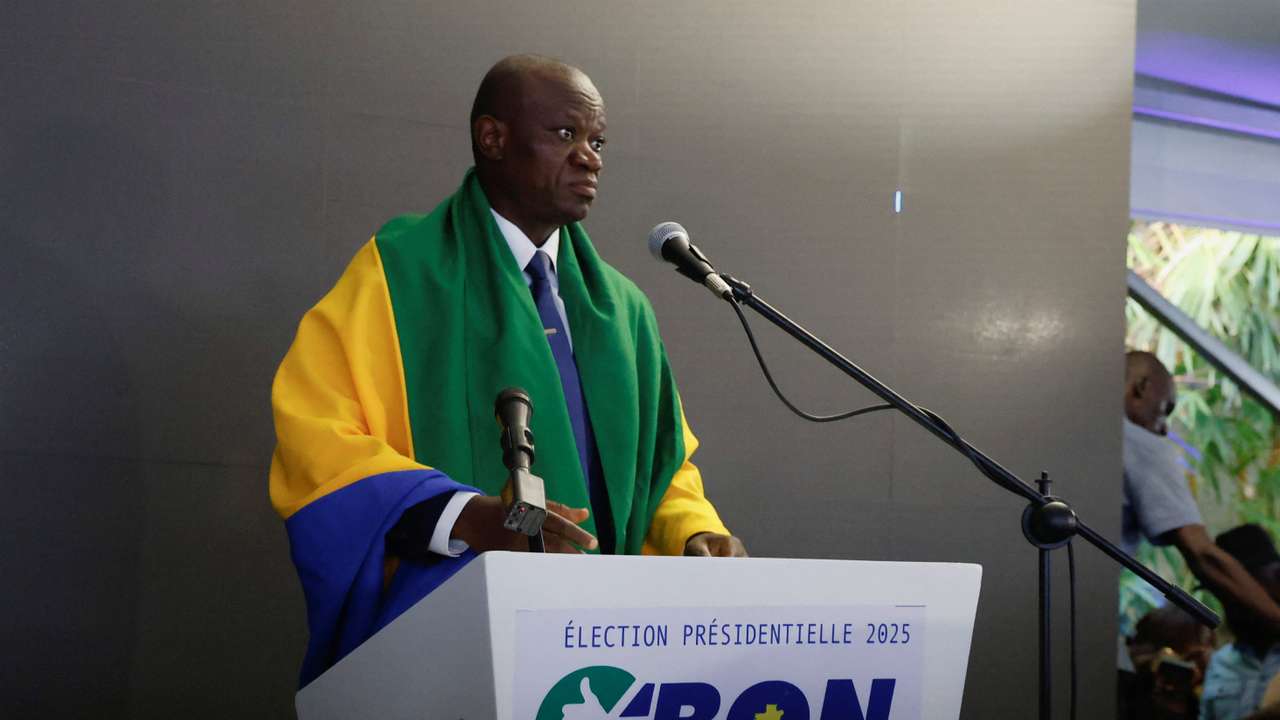 Brice Clotaire Oligui Nguema speaks following the announcement of provisional results for the 2025 Gabonese presidential election