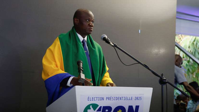 Brice Clotaire Oligui Nguema speaks following the announcement of provisional results for the 2025 Gabonese presidential election