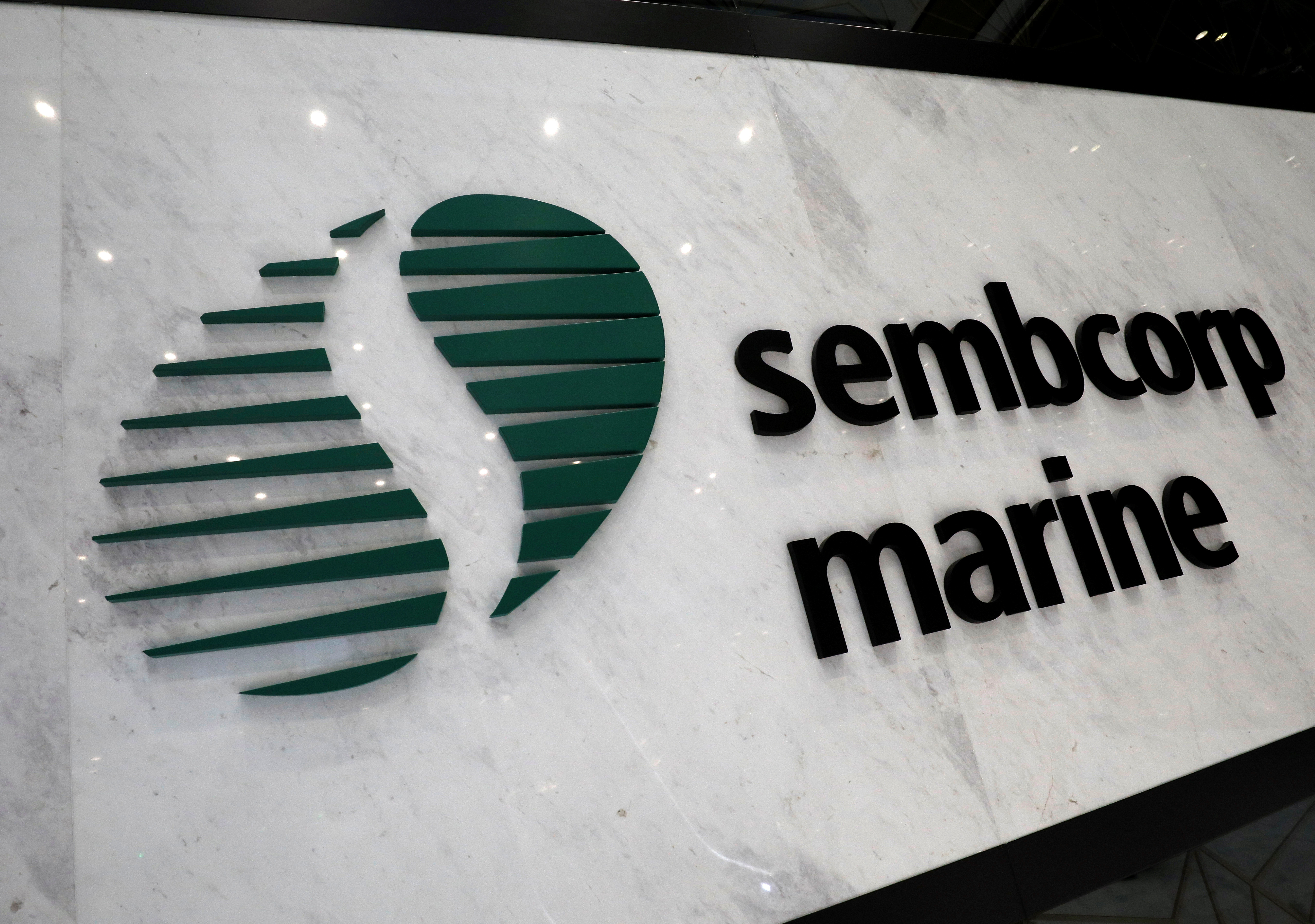 The Sembcorp Marine sign is pictured at the shipyard in Singapore