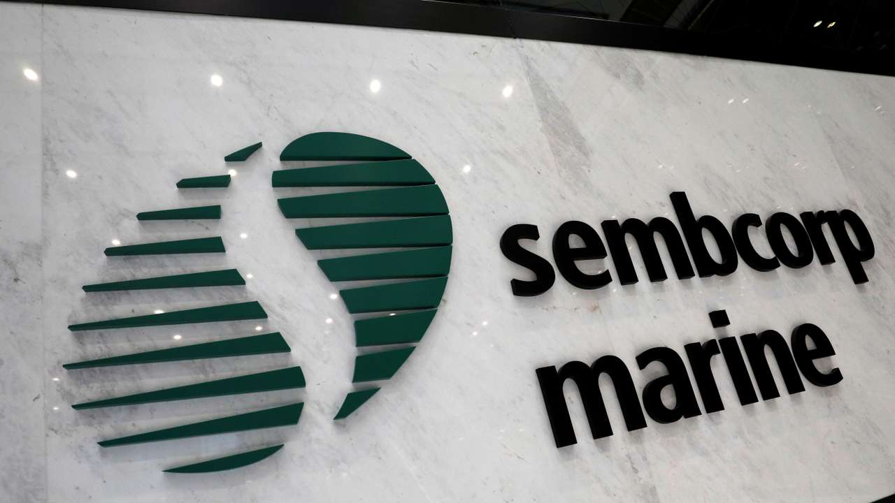 The Sembcorp Marine sign is pictured at the shipyard in Singapore