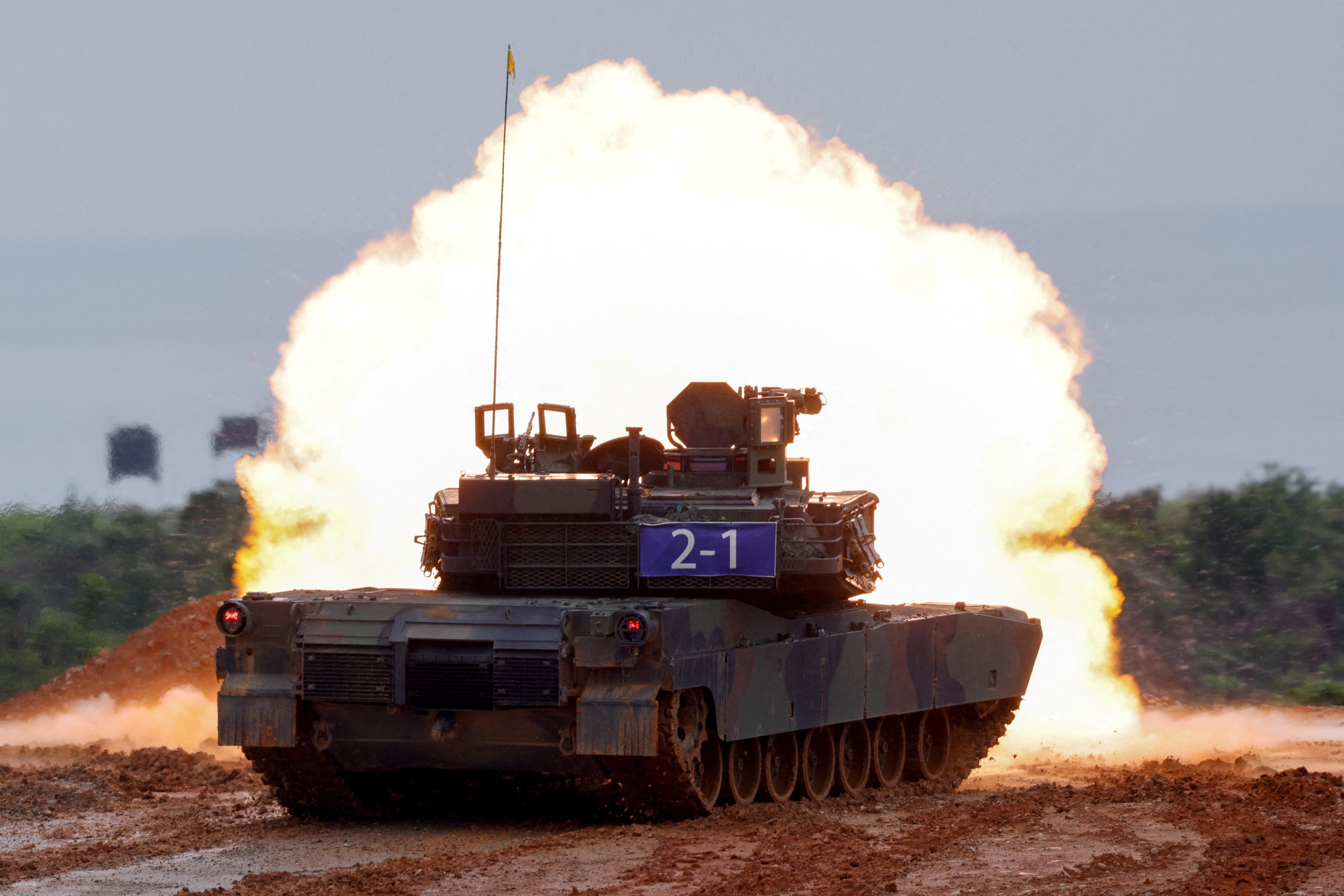 A U.S.-made M1A2T Abrams tank takes part in live-fire exercises in Hsinchu