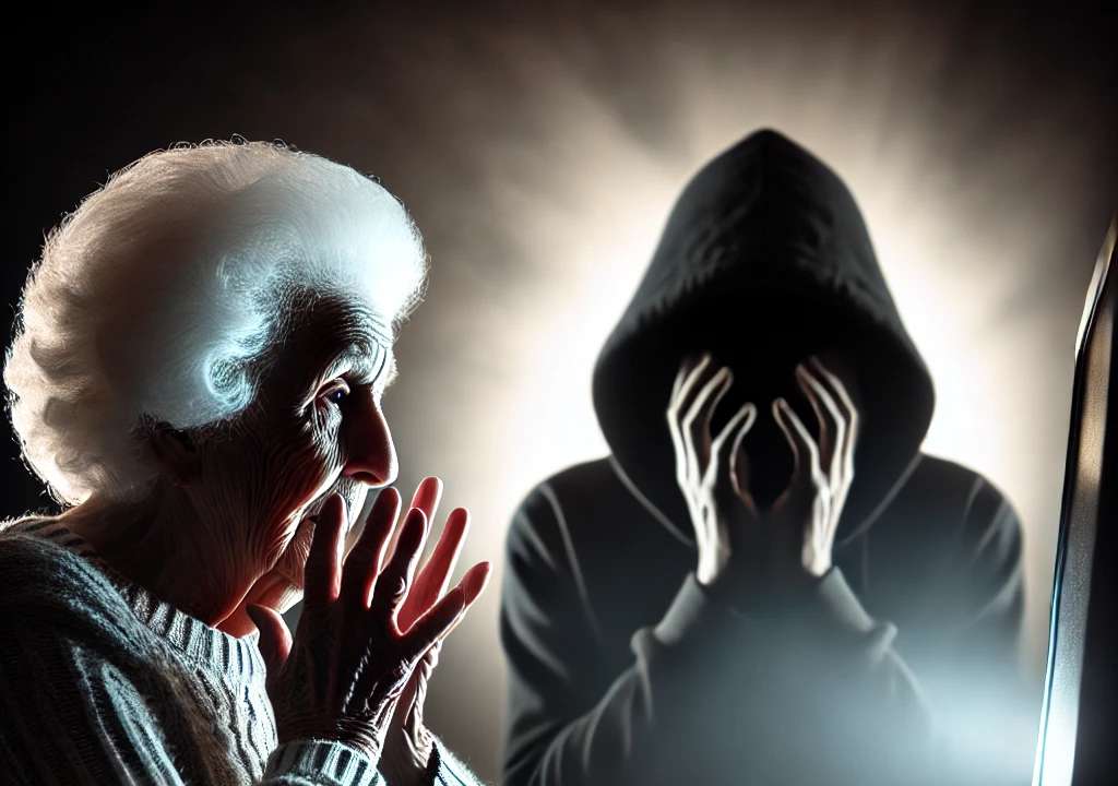 A dramatic silhouette scene depicting cybercrime involving an older woman