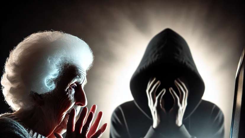 A dramatic silhouette scene depicting cybercrime involving an older woman