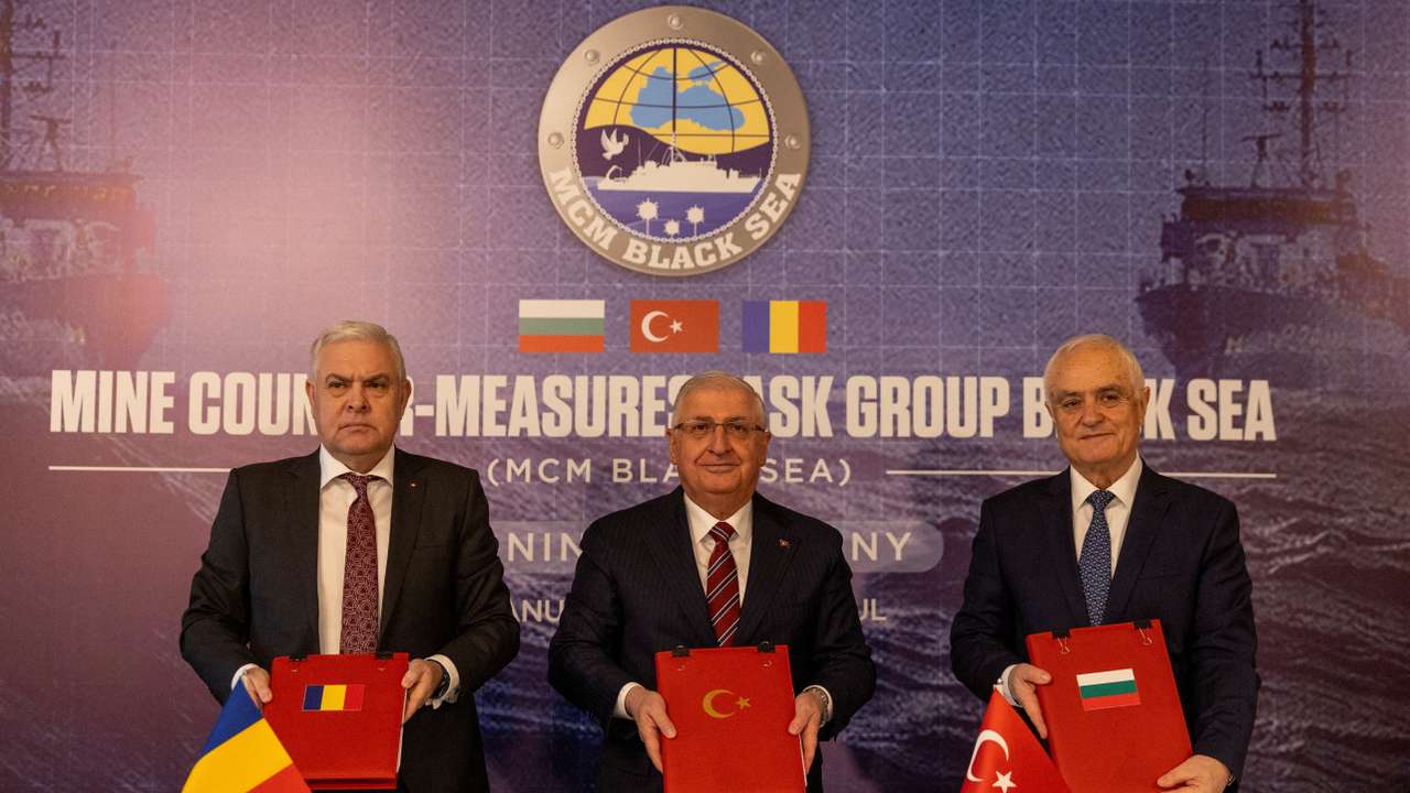 Turkish Defence Minister Yasar Guler, his Romanian counterpart Angel Tilvar and Bulgaria's Deputy Defence Minister Atanas Zapryanov attend a signing ceremony in Istanbul