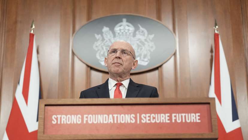British Defence Secretary John Healey delivers a speech at No 9 Downing Street