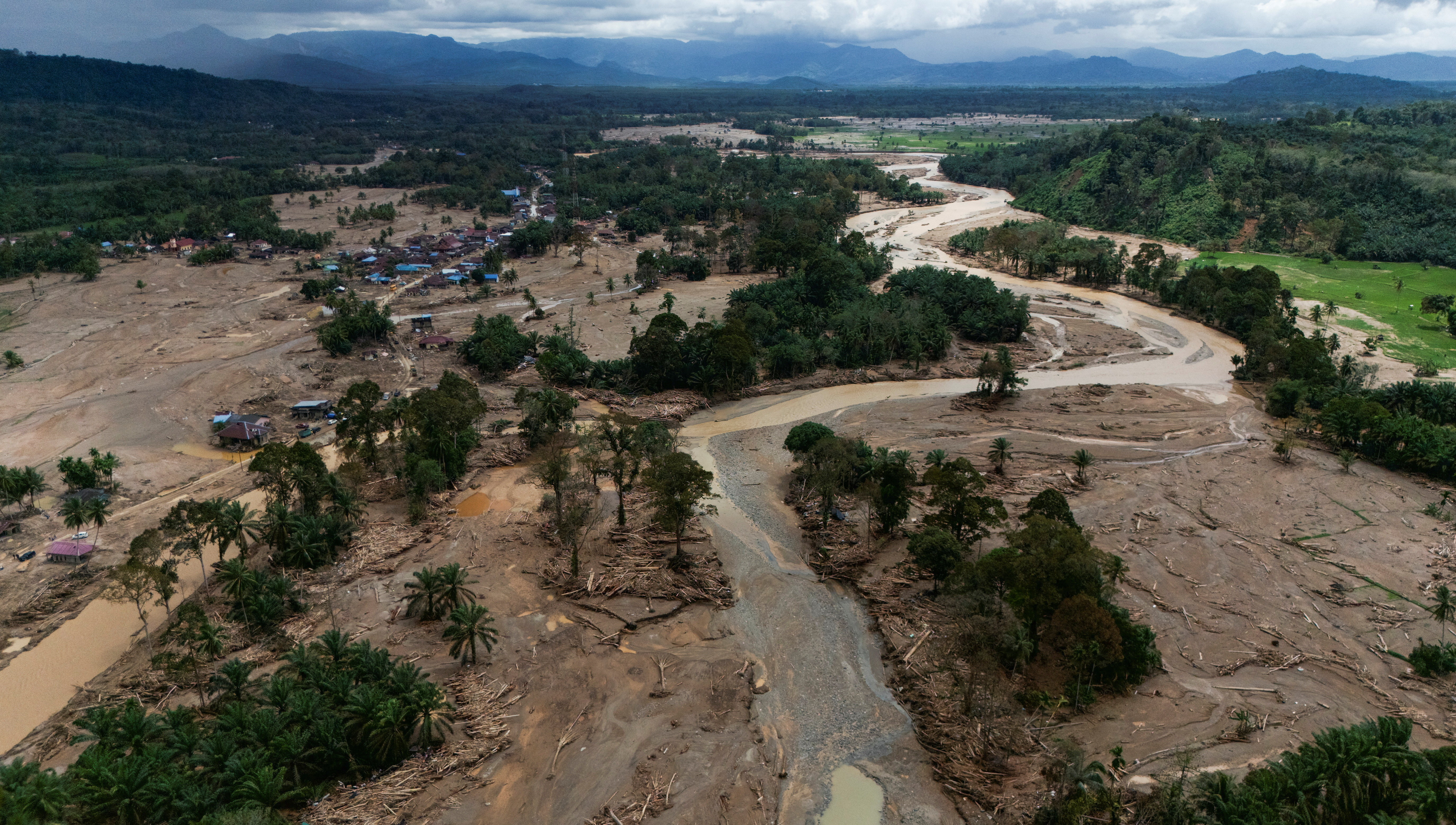 A drone view shows devastated area following deadly flash flood in Batang Toru, North Sumatra province