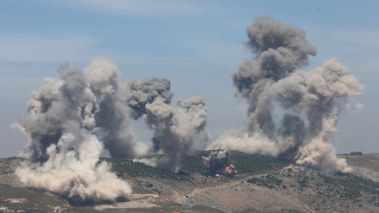 Smoke billows from Nabatieh district, following Israeli strikes, according to two Lebanese security sources, as seen from Marjayoun
