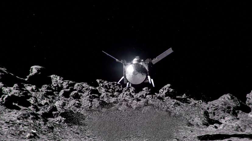 The NASA spacecraft OSIRIS-APEX hovers over the surface of the near-Earth asteroid Apophis