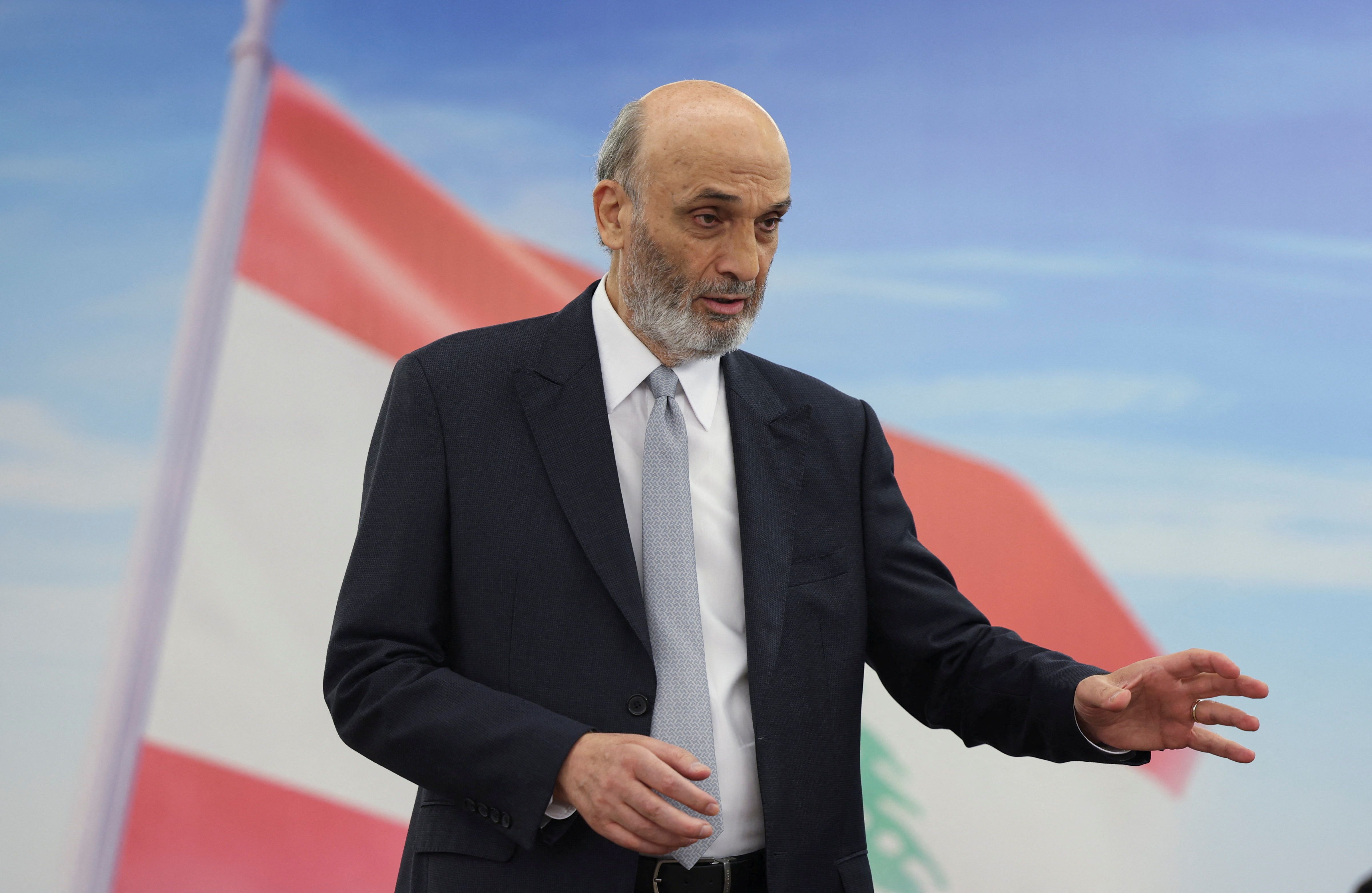 Head of Lebanese Forces Party Geagea attends an interview with Reuters in Maarab