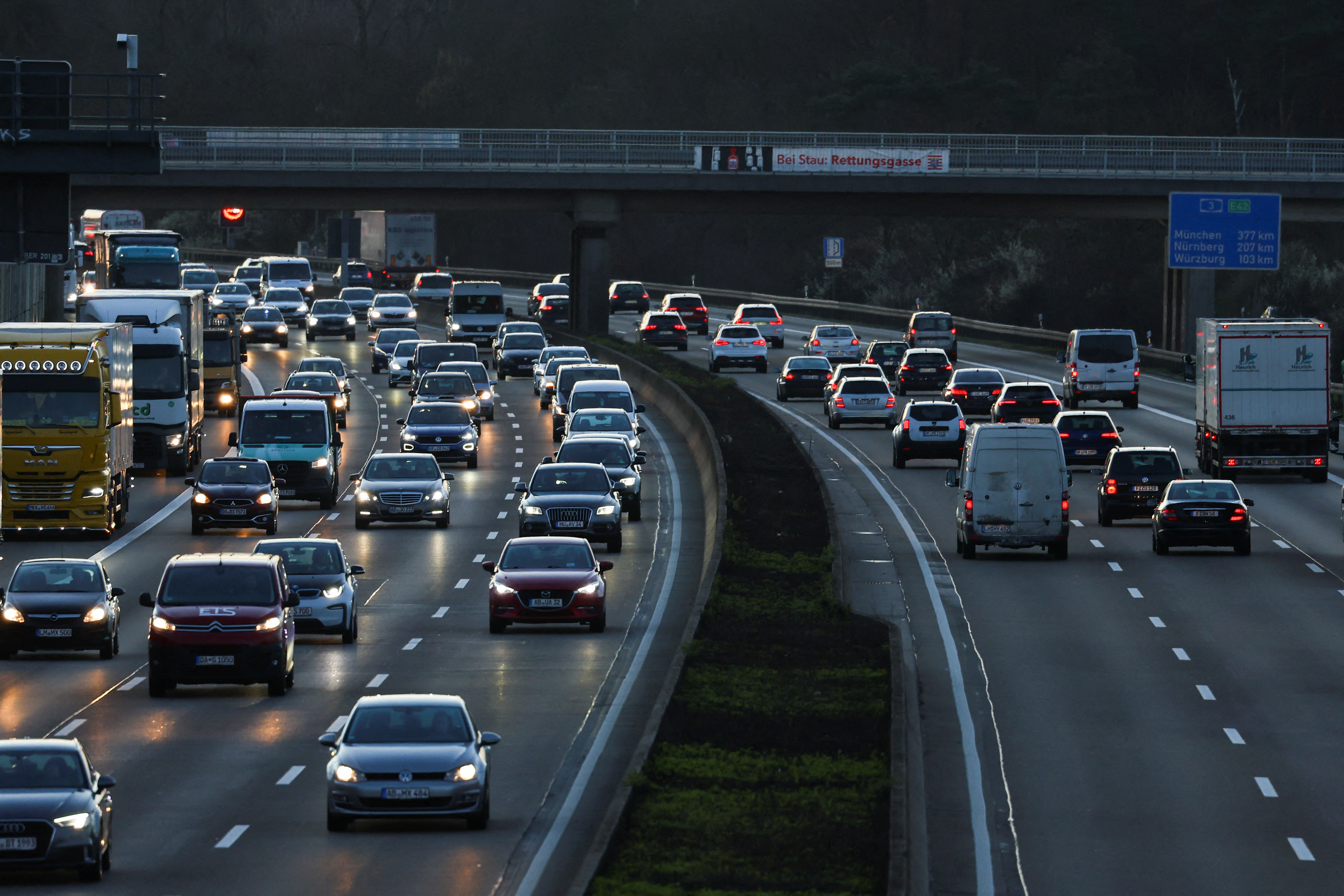 Vehicles queue in traffic at a highway in Frankfurt, Germany