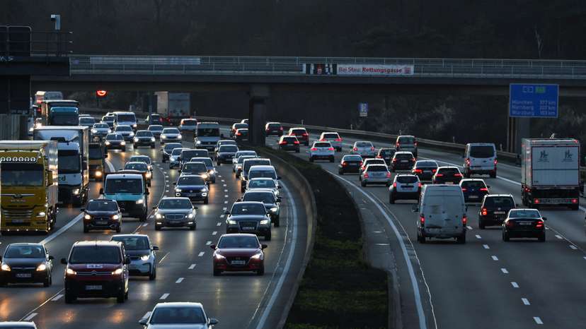 Vehicles queue in traffic at a highway in Frankfurt, Germany