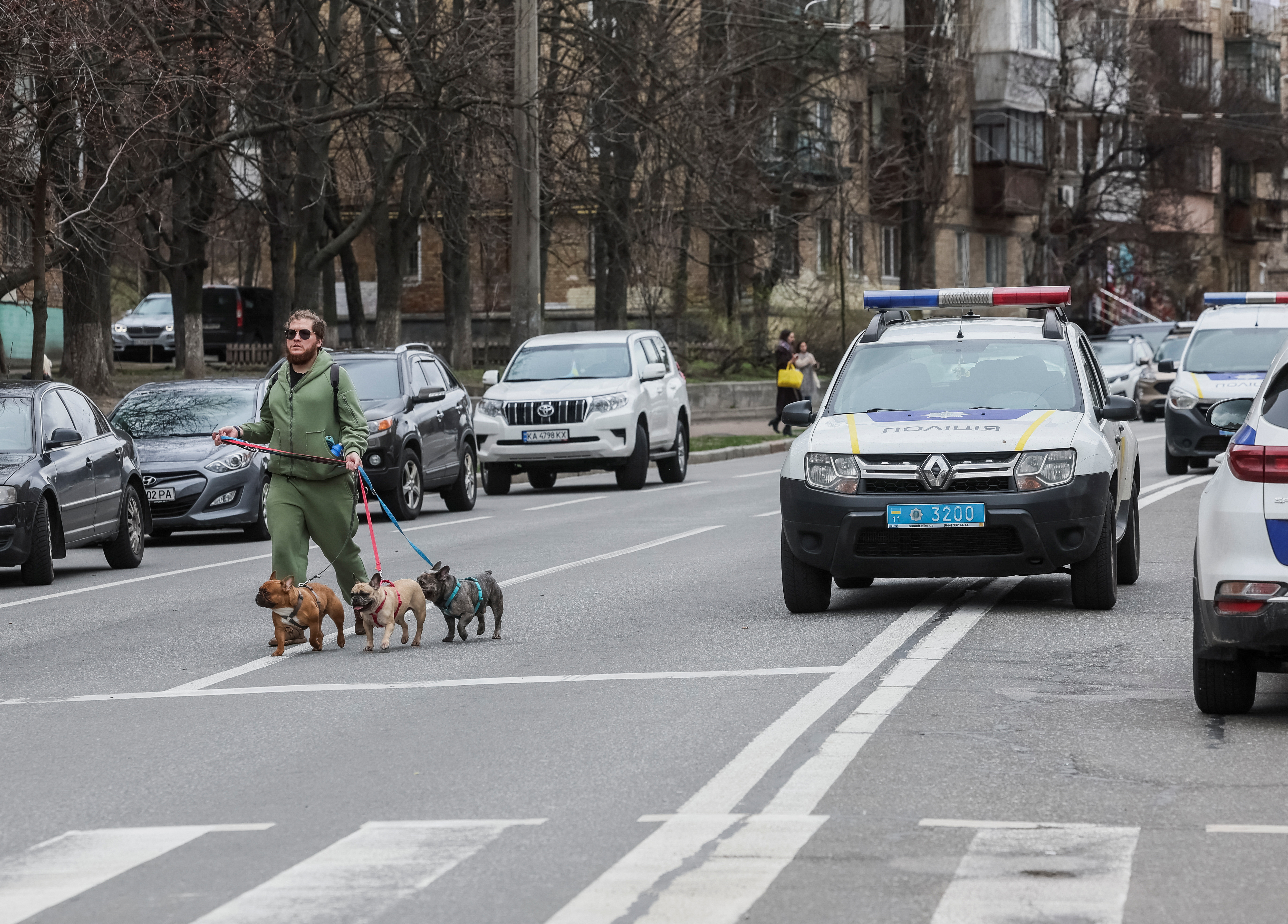 A local resident walks with his dogs near the site of a Russian missile strike in Kyiv