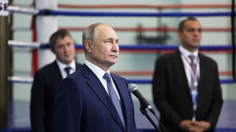 Russian President Vladimir Putin attends a ceremony via video link to open sports facilities in Perm
