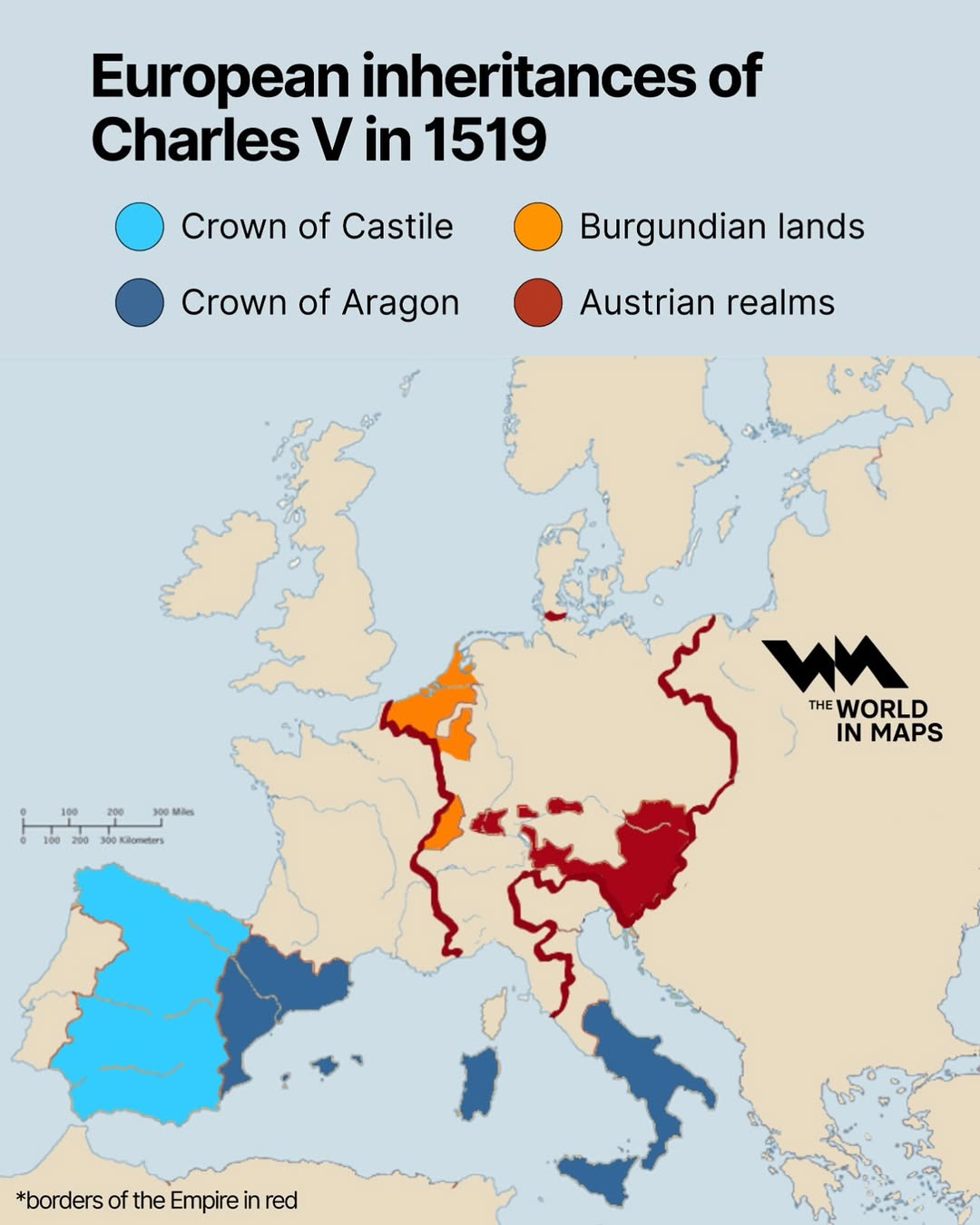 This map illustrates the vast European territories inherited by Charles V in 1519, making him on