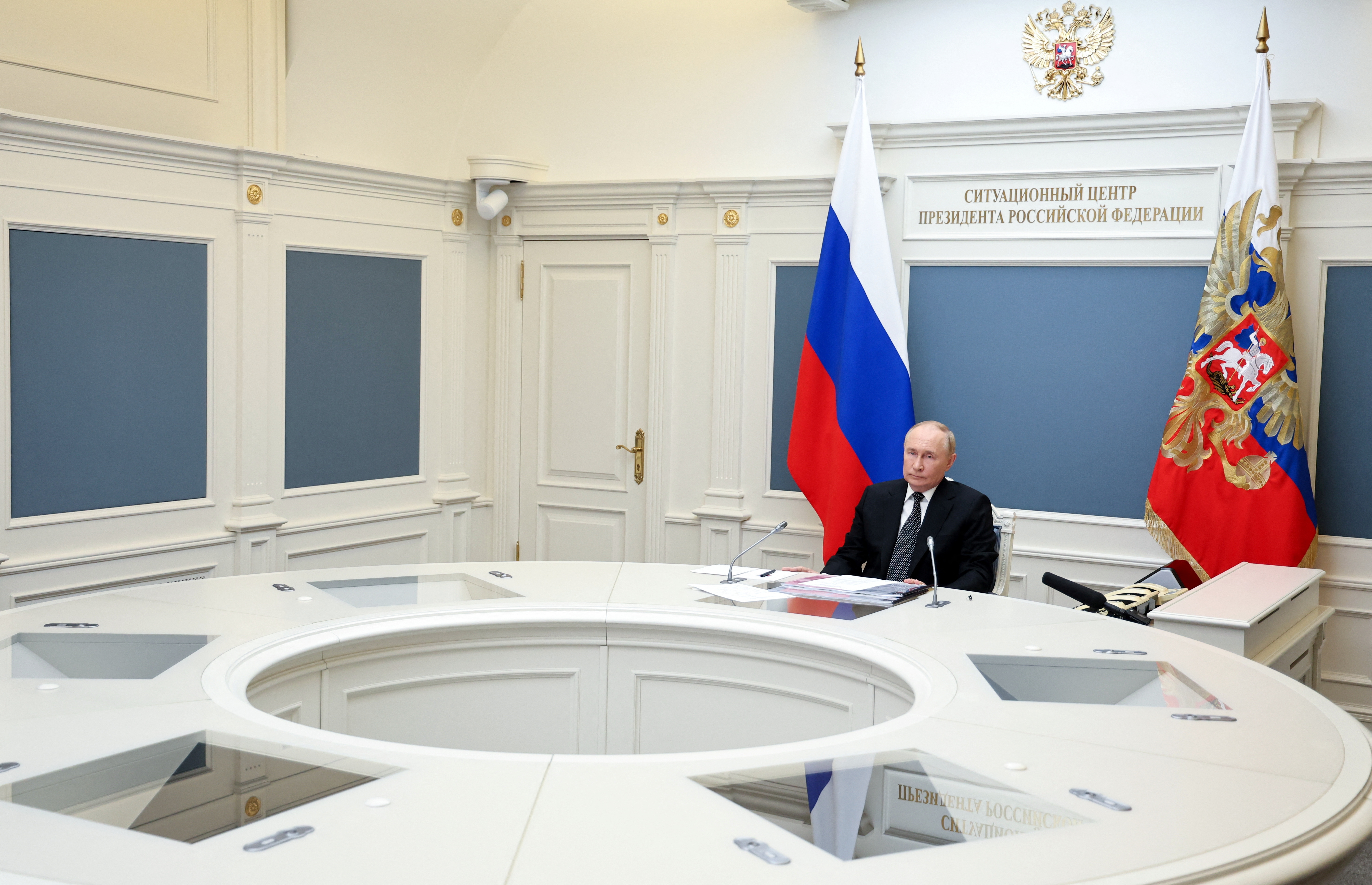 Russia's President Putin observes navy exercises via video link in Moscow