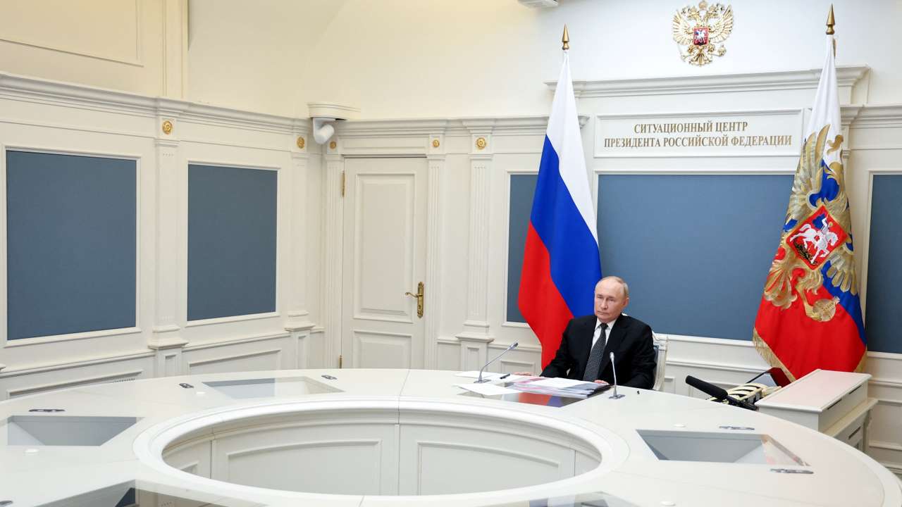 Russia's President Putin observes navy exercises via video link in Moscow