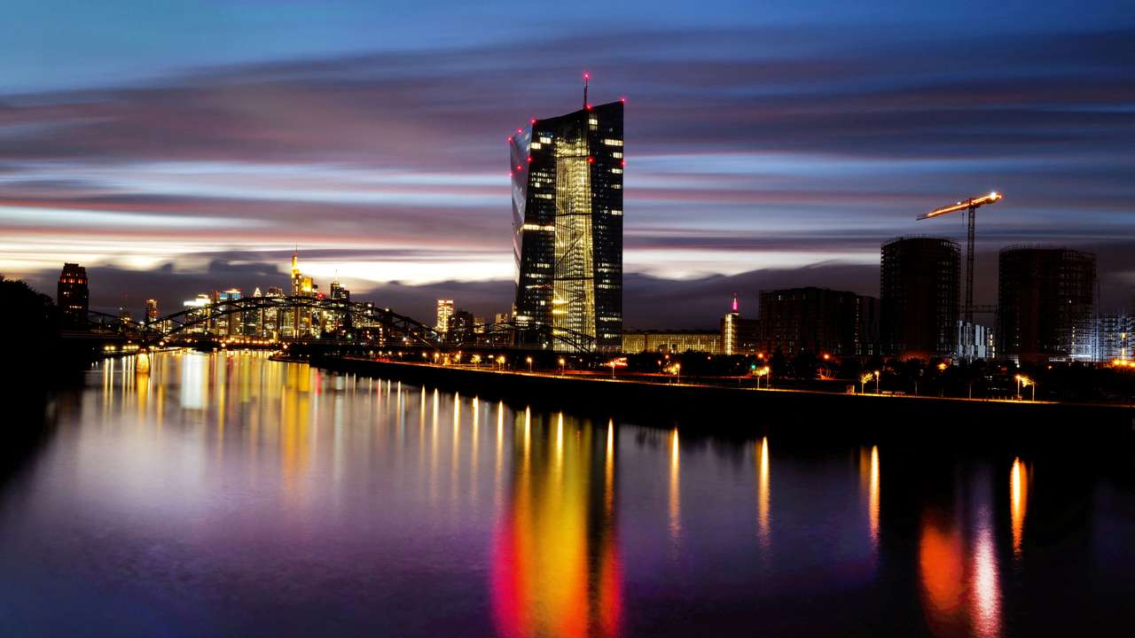FILE PHOTO: The skyline with the banking district and the headquarters of the European Central Bank (ECB) are photographed in Frankfurt