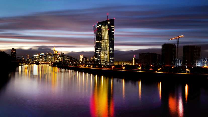 FILE PHOTO: The skyline with the banking district and the headquarters of the European Central Bank (ECB) are photographed in Frankfurt