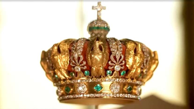 A crown worn by French Empress Eugenie, which was targeted by thieves during a heist at Paris' Louvre Museum on October 19, 2025 but was dropped during their escape, on display in this undated still frame from a video