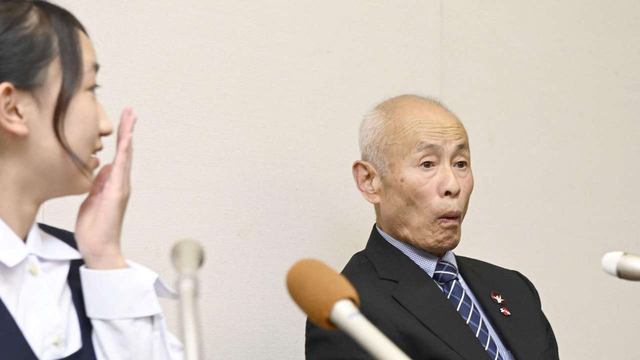 Japan Confederation of A- and H-Bomb Sufferers Organizations (Nihon Hidankyo) co-chair Toshiyuki Mimaki, who survived the 1945 atomic bombing of Hiroshima, reacts after the 2024 Nobel Peace Prize winner was announced in Hiroshima