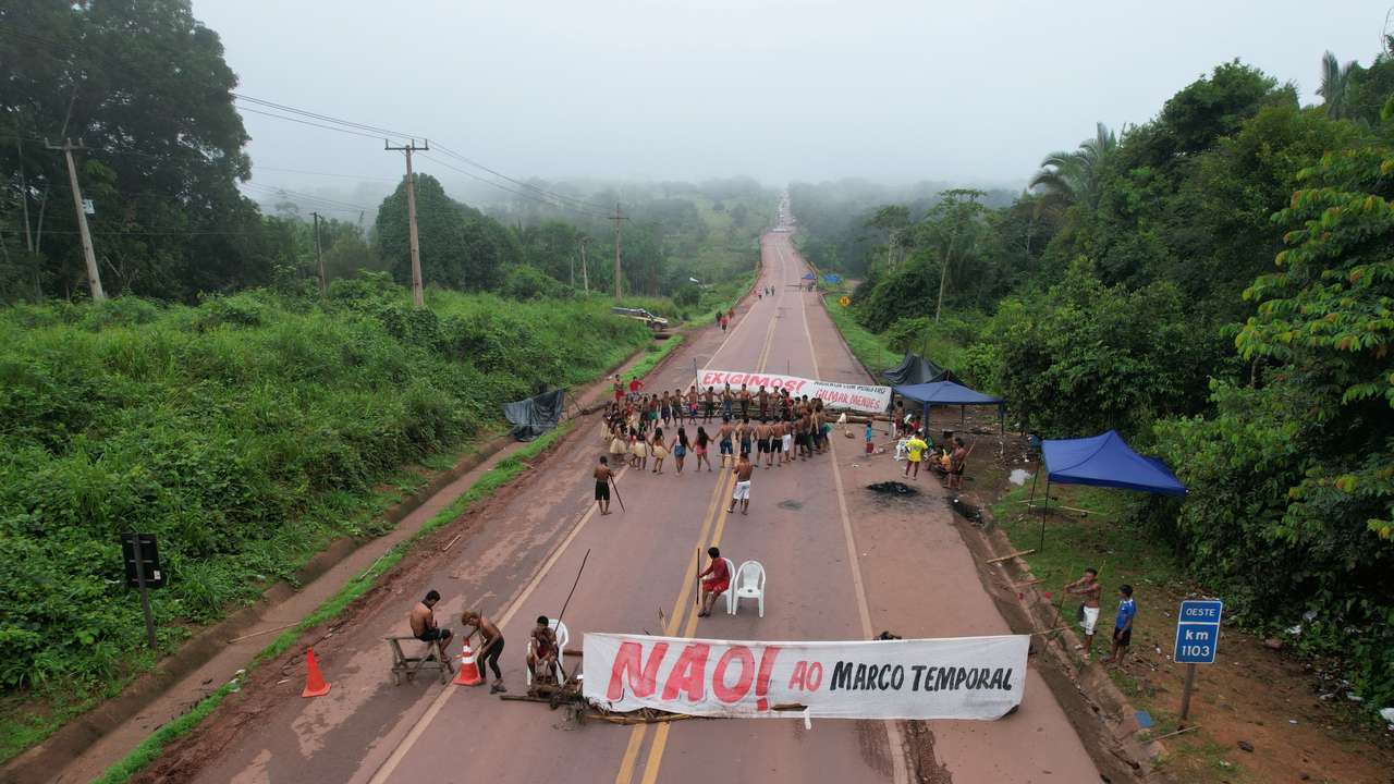 Munduruku Indigenous people block Brazil's BR 230 national highway, in Itaituba