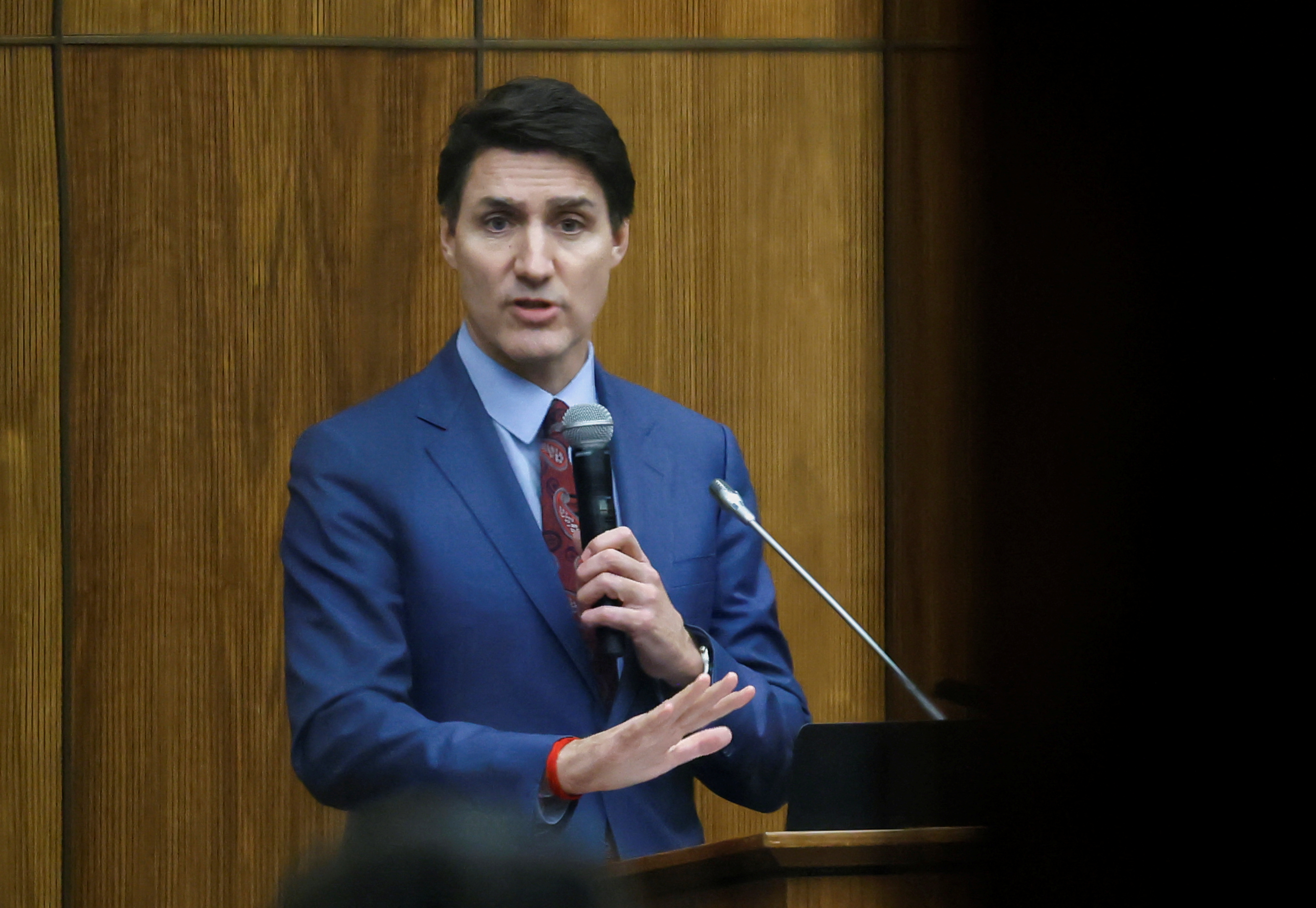 Canada's Prime Minister Justin Trudeau addresses the Liberal party caucus meeting in Ottawa