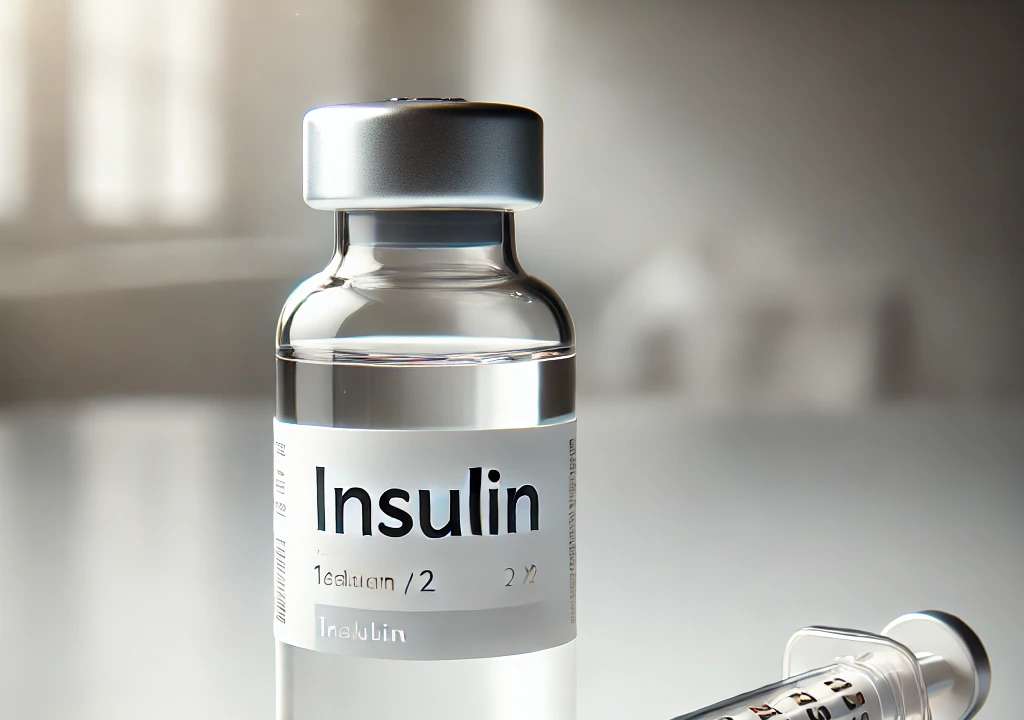DALL·E A realistic image of a modern insulin vial and syringe placed on a clean, The vial- Insulin