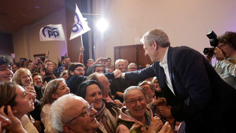 Galician President and candidate for re-election for the People's Party (PP) Alfonso Rueda greets supporters at Eurostars San Lazaro Hotel in Santiago de Compostela