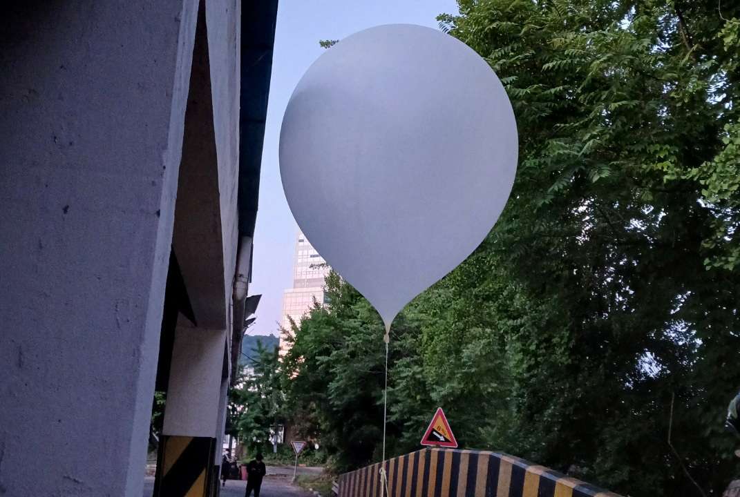 A balloon believed to have been sent by North Korea, carrying various objects including what appeared to be trash, is pictured in Incheon