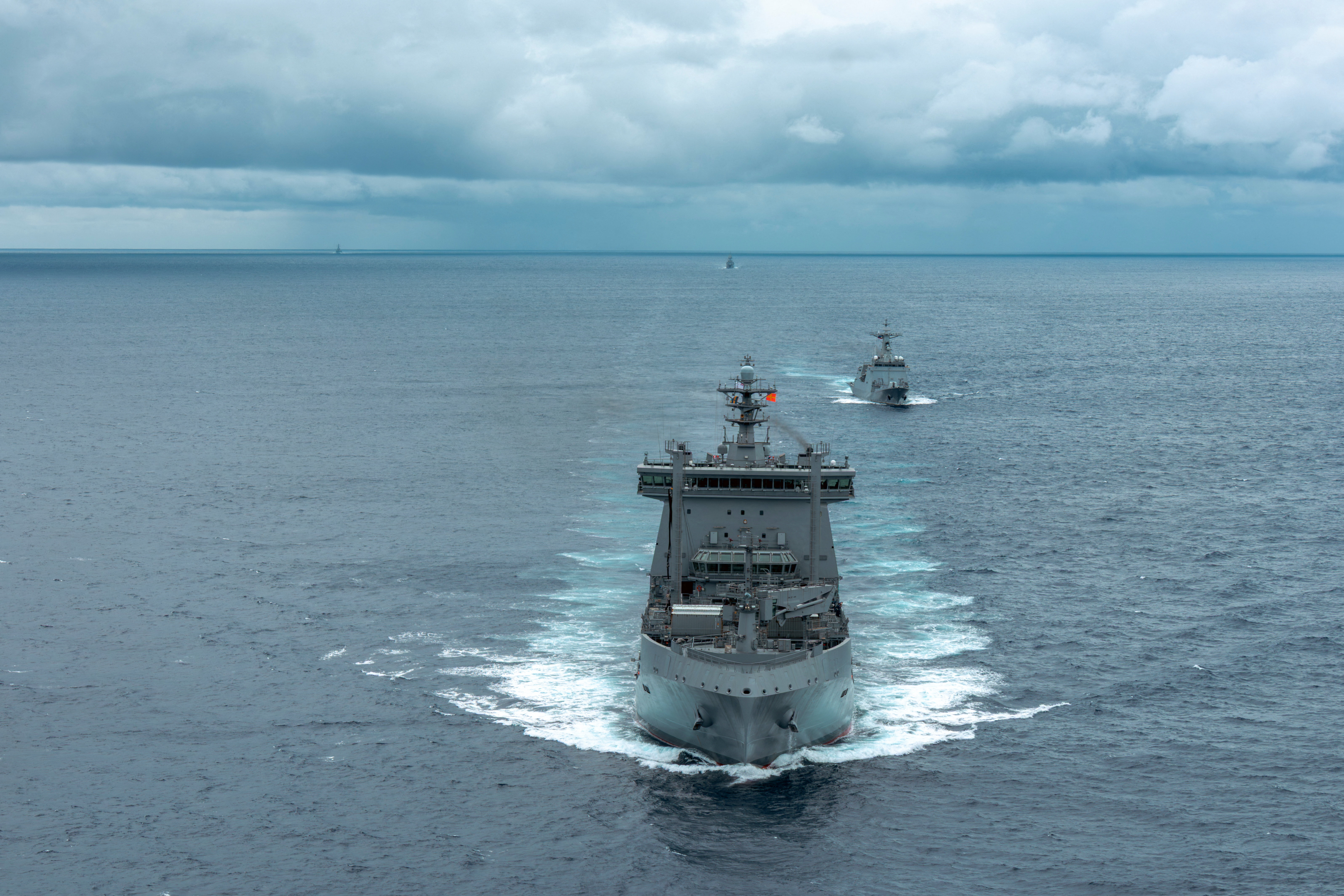 New Zealand navy ship HMNZS Aotearoa  navigates in the South China Sea during exercises as part of a multilateral Maritime Cooperative Activity