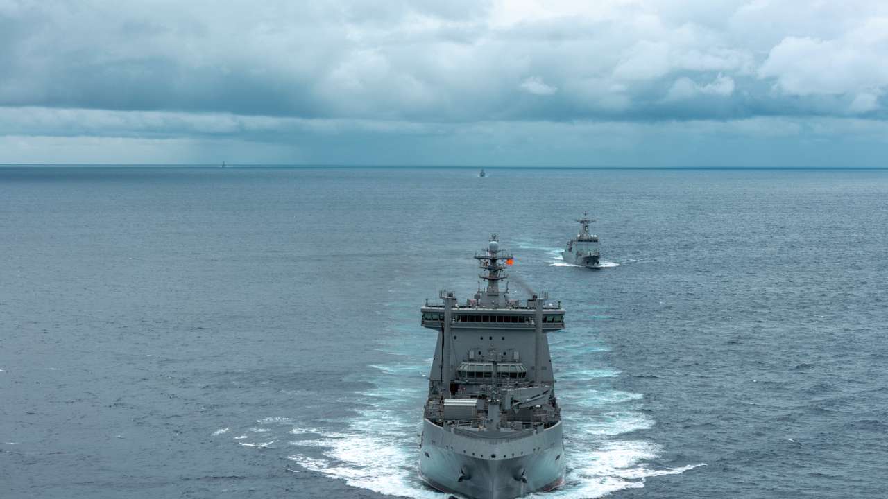 New Zealand navy ship HMNZS Aotearoa navigates in the South China Sea during exercises as part of a multilateral Maritime Cooperative Activity