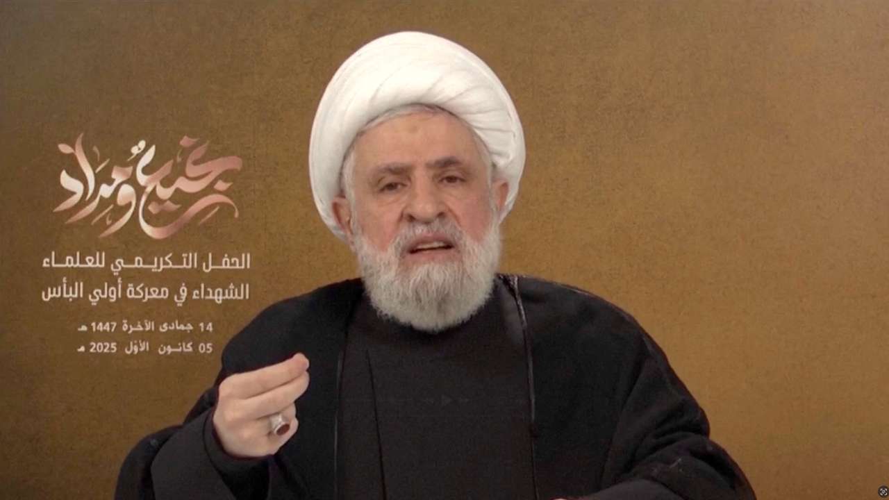 FILE PHOTO: Lebanon's Hezbollah chief Naim Qassem gives a televised speech from an unknown location