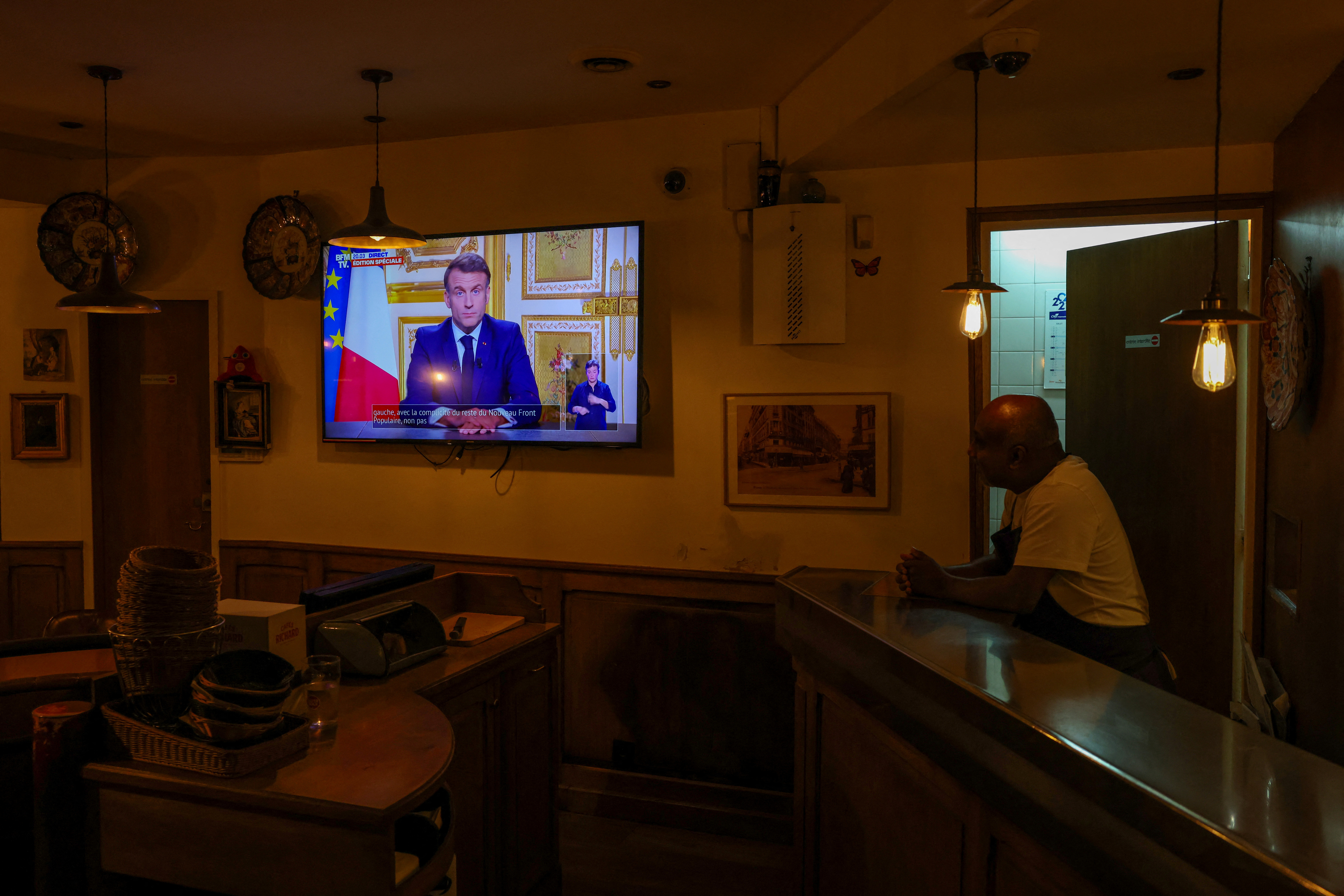 French President Emmanuel Macron makes TV address, as seen in Paris