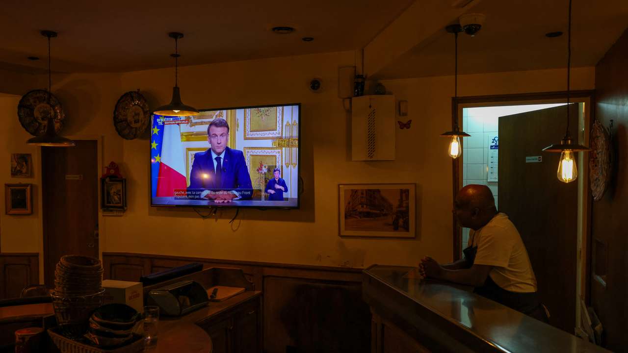 French President Emmanuel Macron makes TV address, as seen in Paris