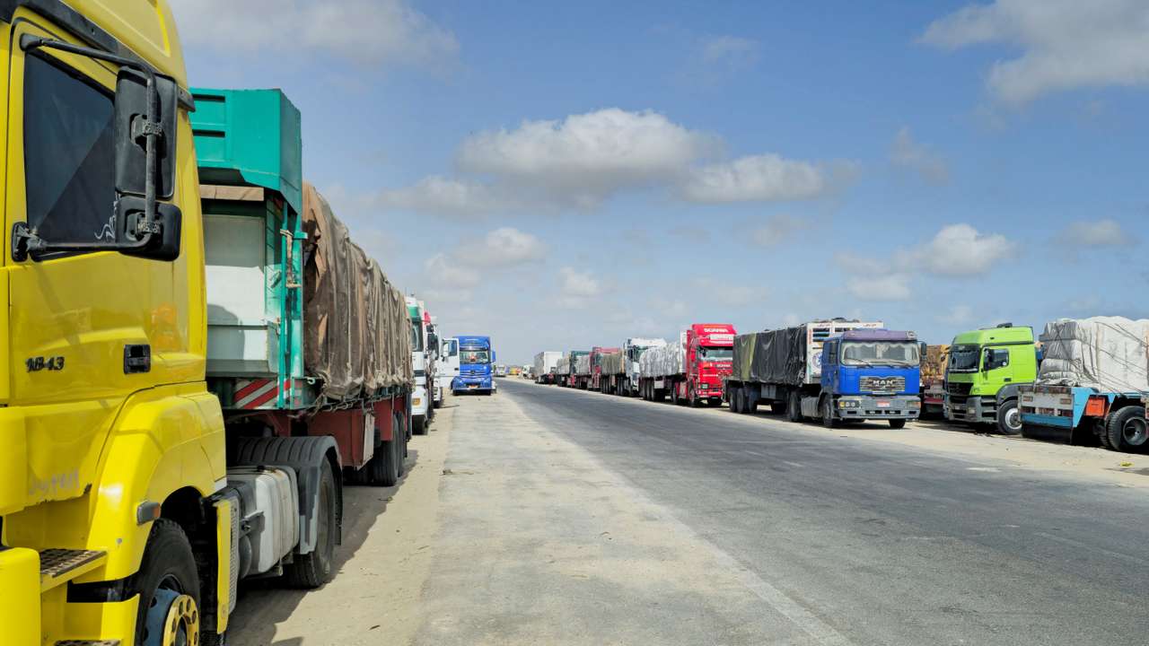 Trucks loaded with humanitarian aid for Gaza continue to wait in Al Arish to enter through the borders