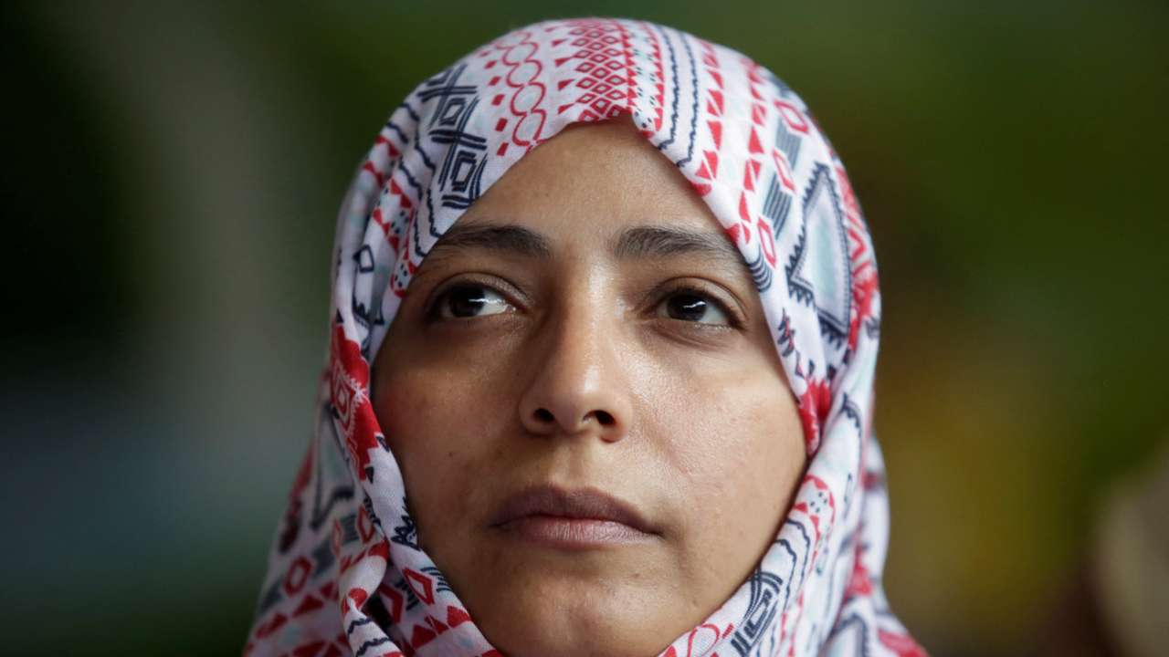 FILE PHOTO: Nobel Peace Prize winner Tawakkol Karman of Yemen looks on during a news conference against mining in the town of Casillas