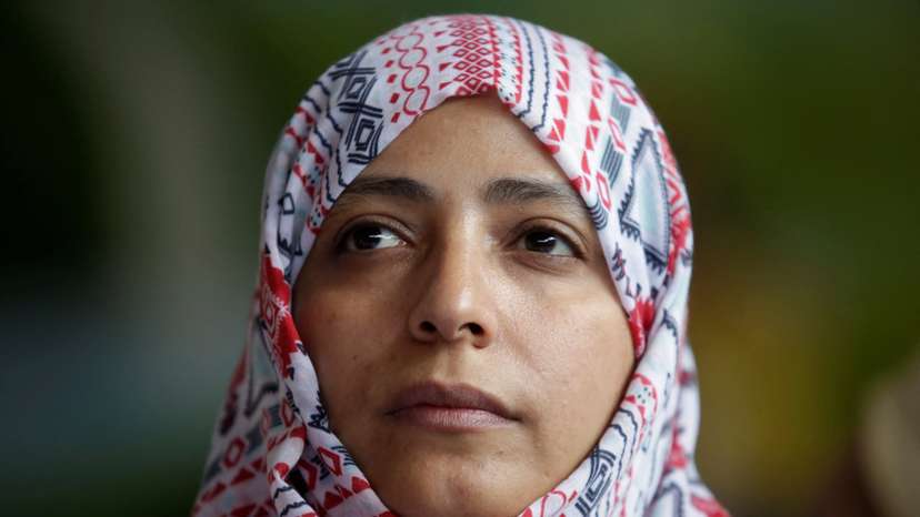 FILE PHOTO: Nobel Peace Prize winner Tawakkol Karman of Yemen looks on during a news conference against mining in the town of Casillas