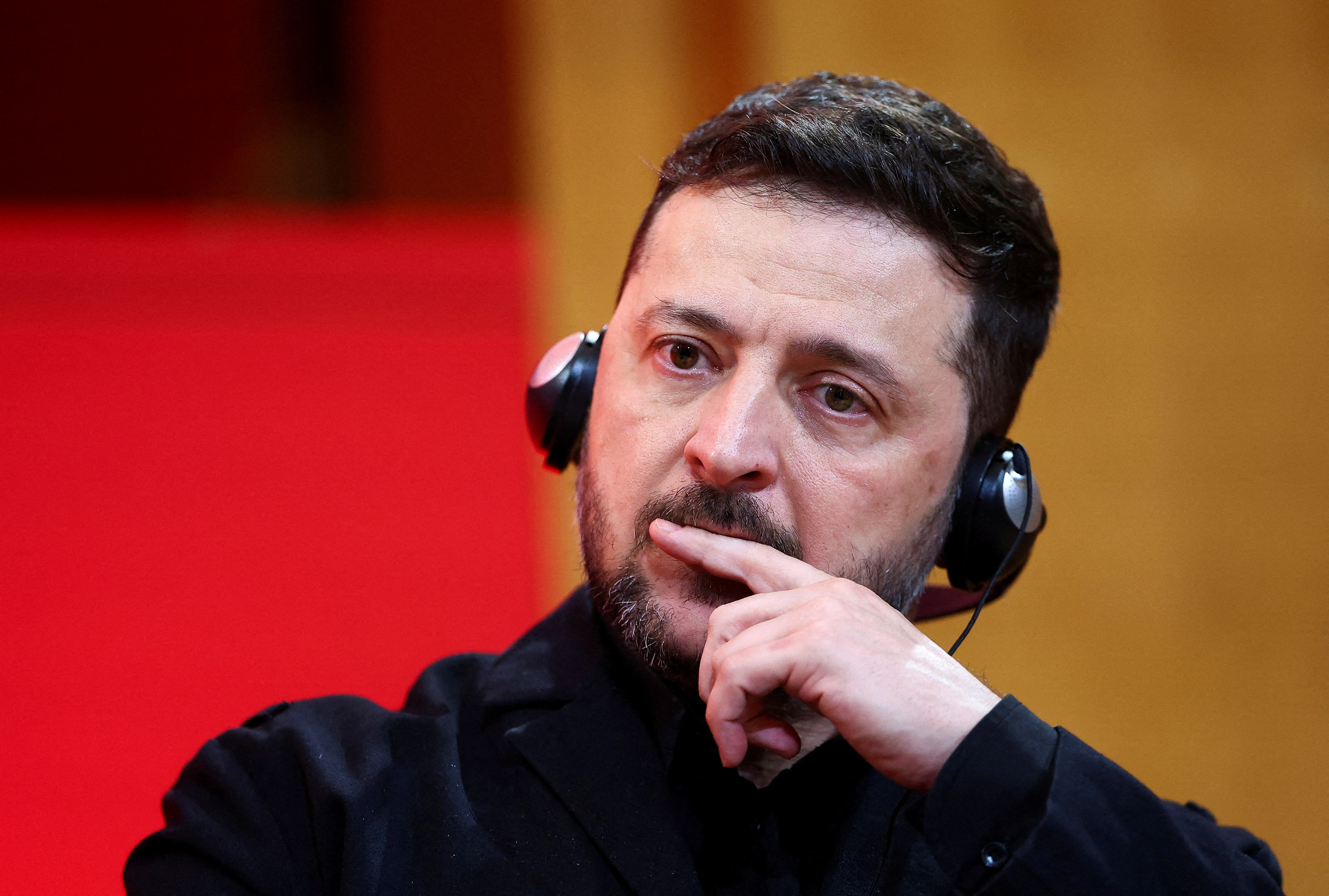 Ukrainian President Volodymyr Zelenskiy attends a panel at Paris's Sciences Po university