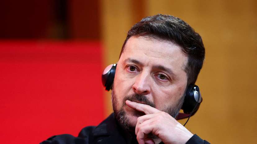 Ukrainian President Volodymyr Zelenskiy attends a panel at Paris's Sciences Po university