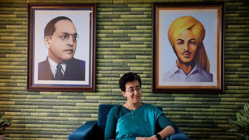 Member of Aam Aadmi Party (AAP) and Delhi's Education Minister, Atishi, looks on during an interview with Reuters in New Delhi