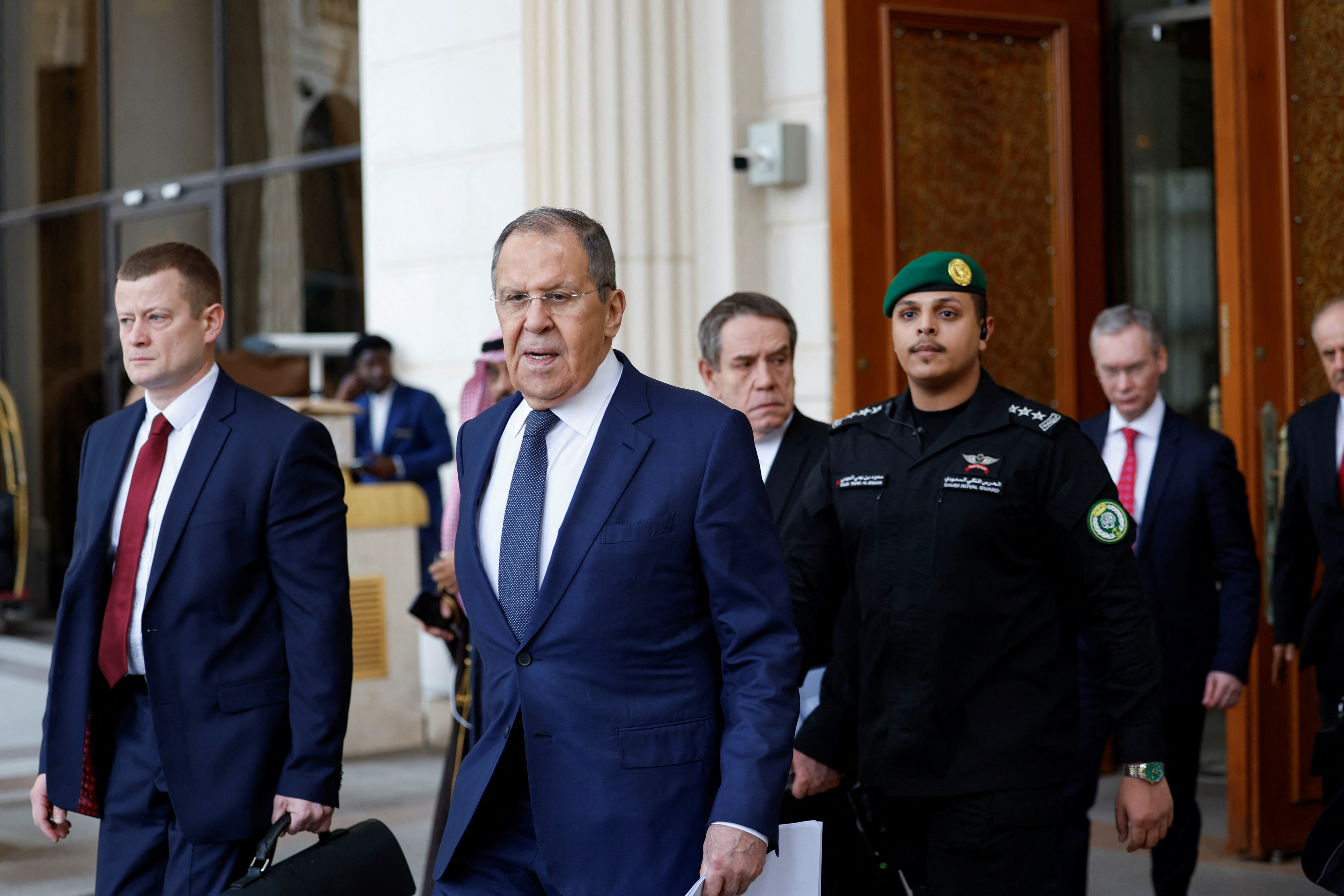 Russian Foreign Minister Sergei Lavrov leaves a hotel ahead of his meeting with a U.S. delegation in Riyadh, Saudi Arabia